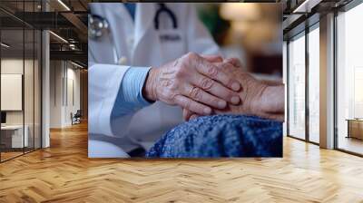 A geriatric doctor consulting and caring for an elderly patient suffering from Parkinson's disease, arthritis, gout, or mental health issues, providing examination and comfort in a medical clinic   Wall mural