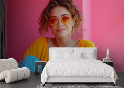 A joyful young woman in sunglasses sits in a shopping cart, holding paper bags against a pink background, conveying shopping happiness Wall mural