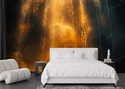 a man kneels and prays, hands folded and raised, and a ray of light falls from the sky
 Wall mural