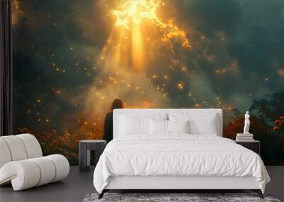 a man kneels and prays, hands folded and raised, and a ray of light falls from the sky
 Wall mural