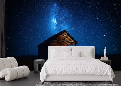 A serene nativity scene featuring the newborn Jesus Christ in a manger, set against a dark, starry night sky.
 Wall mural