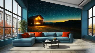 A serene nativity scene featuring the newborn Jesus Christ in a manger, set against a dark, starry night sky.
 Wall mural