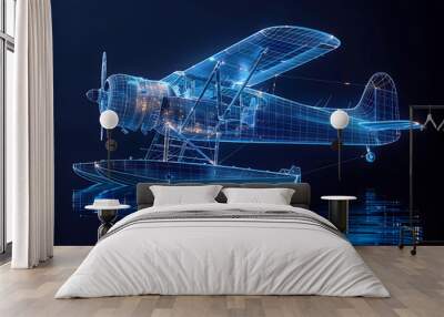 A silhouette logo of a vintage biplane with two stacked wings, soaring through the sky, showcasing classic aviation design and history, in wireframe style on a dark blue background Wall mural