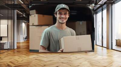 A smiling delivery man a cap holds a cardboard box in front of a van filled with packages, representing efficient and friendly delivery service.
 Wall mural