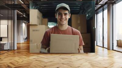 A smiling delivery man a cap holds a cardboard box in front of a van filled with packages, representing efficient and friendly delivery service.
 Wall mural