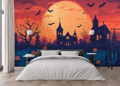 A spooky Halloween scene featuring a dark, eerie castle with bats flying in the night sky. Carved pumpkins glow on the ground, while a translucent ghost floats by Wall mural