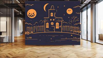 A spooky Halloween scene featuring a dark, eerie castle with bats flying in the night sky. Carved pumpkins glow on the ground, while a translucent ghost floats by Wall mural