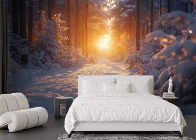 A tranquil forest covered in fresh snow at dawn, with soft morning light illuminating the trees and creating a magical ambiance Wall mural