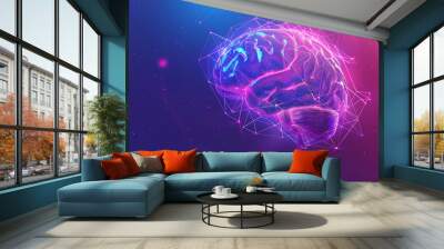 A transparent brain on a purple-blue background with abstract lines, representing intelligence, creativity, and modern technology Wall mural