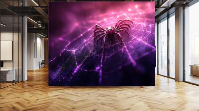 A vibrant Halloween-themed digital illustration featuring a glowing spider web with dominant purple hues, creating a mysterious and eerie atmosphere. Perfect for spooky designs.

 Wall mural