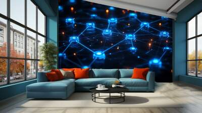 Abstract digital network with glowing nodes and connections, representing data, technology, and connectivity in a futuristic style.
 Wall mural