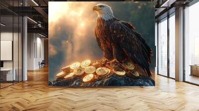 An eagle perched on a large pile of Bitcoins, representing power, wealth, and dominance in the world of cryptocurrency and finance.
 Wall mural