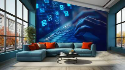 An employee uses a keyboard with email icons in her office   in wireframe style on blue background
 Wall mural