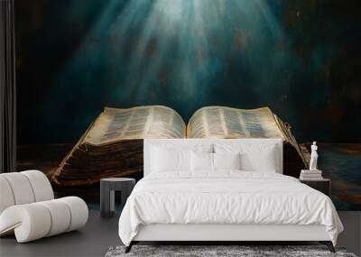 An open book illuminated by a focused light from above, symbolizing divine guidance, with the light shining down as if from a GOD
 Wall mural