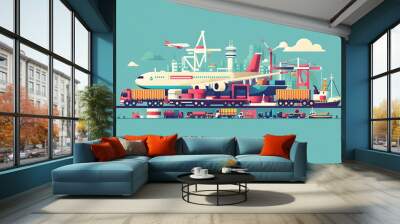 Cargo transportation by airplane, truck, and ship, symbolizing global logistics , delivery concept  Wall mural