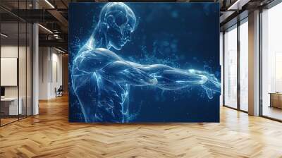 Human power low poly wireframe banner template. Polygonal physical strength, strong bodybuilder, athlete body mesh art illustration. 3D hand muscles, flexed biceps with connected dots
 Wall mural