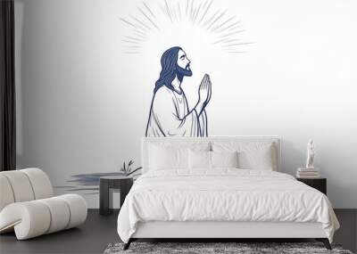 Illustration of Jesus Christ kneeling in prayer with a radiant sun halo behind him, symbolizing faith, spirituality, and devotion.
 Wall mural