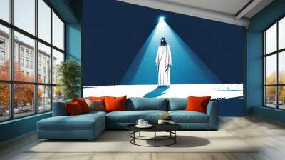 Illustration of Jesus Christ standing with hands folded, bathed in radiant divine light, symbolizing holiness, faith, and spirituality.
 Wall mural