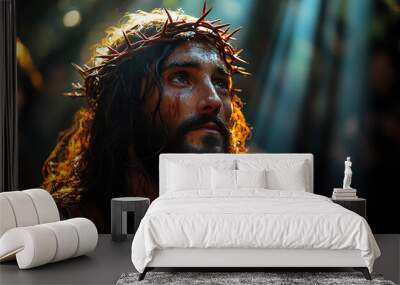 Jesus Christ illuminated by a single beam of light from above. A crown of thorns rests on His head, casting soft shadows on His serene face. The scene is somber and reverent	
 Wall mural