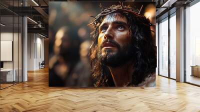 Jesus Christ illuminated by a single beam of light from above. A crown of thorns rests on His head, casting soft shadows on His serene face. The scene is somber and reverent	
 Wall mural