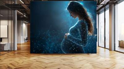 n a serene scene, a pregnant woman anticipates new life, embracing childbirth preparation and impending motherhood, featuring a wireframe against a dark blue backdrop. Wall mural