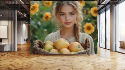 Photo of a cute girl standing in a garden, holding a wicker basket full of apples. Bright, natural setting with lush greenery and ripe fruit.
 Wall mural