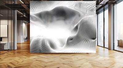 Seamless texture featuring abstract white waves and black dots connected by lines, creating a futuristic and intricate design Wall mural