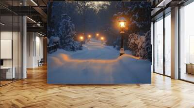 Street lamps illuminating a quiet, snow-covered street in the evening, with soft shadows and snow gently falling, creating a peaceful winter scene.

 Wall mural