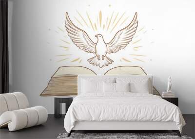 the biblical story of a white dove hovering over an open book, symbolizing peace, knowledge and freedom in a minimalistic design.
 Wall mural