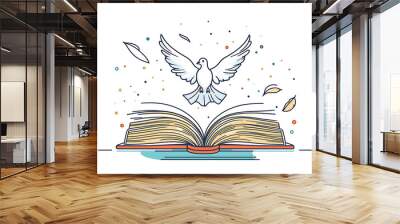 the biblical story of a white dove hovering over an open book, symbolizing peace, knowledge and freedom in a minimalistic design.
 Wall mural