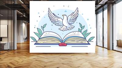 the biblical story of a white dove hovering over an open book, symbolizing peace, knowledge and freedom in a minimalistic design.
 Wall mural