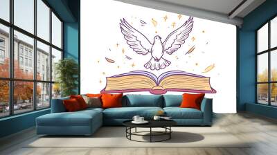 the biblical story of a white dove hovering over an open book, symbolizing peace, knowledge and freedom in a minimalistic design.
 Wall mural