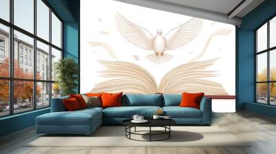 the biblical story of a white dove hovering over an open book, symbolizing peace, knowledge and freedom in a minimalistic design.
 Wall mural