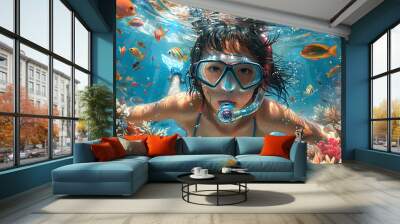 the girl diving among corals and colorful fish Wall mural