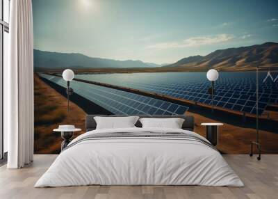 a solar farm in the desert with mountains in the background Wall mural