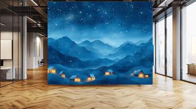 abstract christmas night landscape with little village in the mountains Wall mural