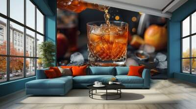 glass of fresh apple juice with apples on the background Wall mural