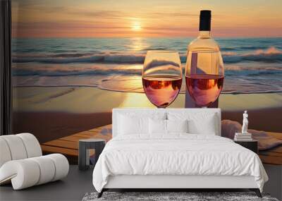 romantic evening with two glasses of wine on the beach. sunset. Wall mural