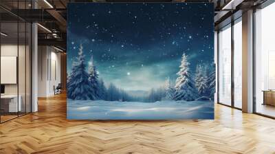 winter night landscape. snowy forest and fir branches. Wall mural