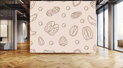 Walnut seamless pattern. Nuts in linear flat style. Hazelnuts, pistachios, almonds, walnuts, pecans, peanuts. Printable template. Vector illustration. Wall mural