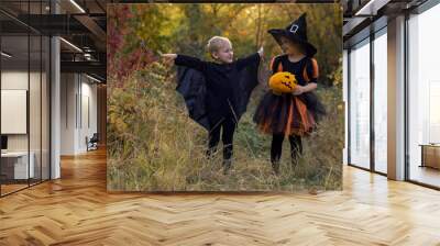 Halloween kids in costumes outdoor. Happy halloween card. Autumn holiday fun. Funny children party expression. Fall pumpkin decoration Wall mural