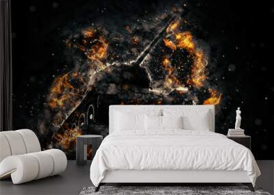 Tank blazing fire. Military conflict Wall mural