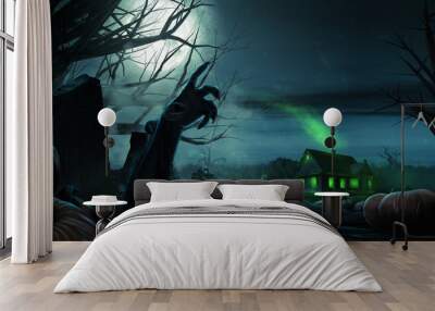 Zombie Hand Rising Out Of A Grave. Halloween background with zombies Wall mural