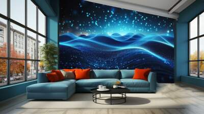 Abstract digital wave of particles and glowing dots in motion, representing futuristic technology and data flow in a dynamic blue environment. Generative AI Wall mural