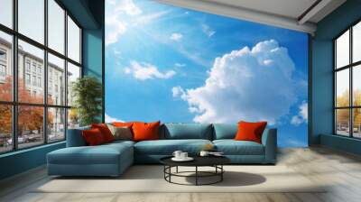 Clear blue sky with scattered white clouds. A bright and clear blue sky featuring scattered white clouds, creating a serene and open atmosphere perfect for backgrounds and serene visual. generative AI Wall mural