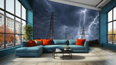 Power lines spark and fall during thunderstorms: Power lines erupt in sparks as they fall during a fierce thunderstorm, creating a dangerous scene. generative AI Wall mural