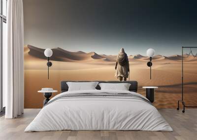 The traveler walks through the endless desert. The Bedouin walks along the desert dunes. generative AI Wall mural