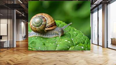 A Snail Crawling on a Dew-Covered Green Leaf Wall mural