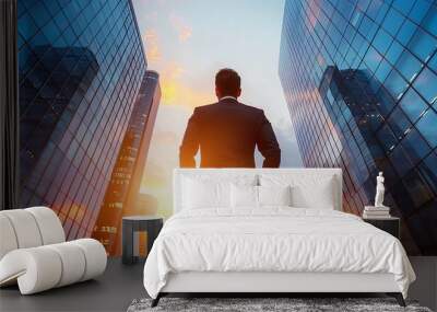 Businessman stands between skyscrapers,looking at sunset,success and ambition in business concept. Wall mural