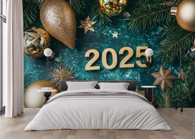 Gold number 2025, Christmas background with decorations,glittering gold stars,flat lay. Wall mural